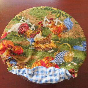 Reversible Kitchenaid Bowl Cover: Farm Roosters, Pumpkins and Blue Gingham